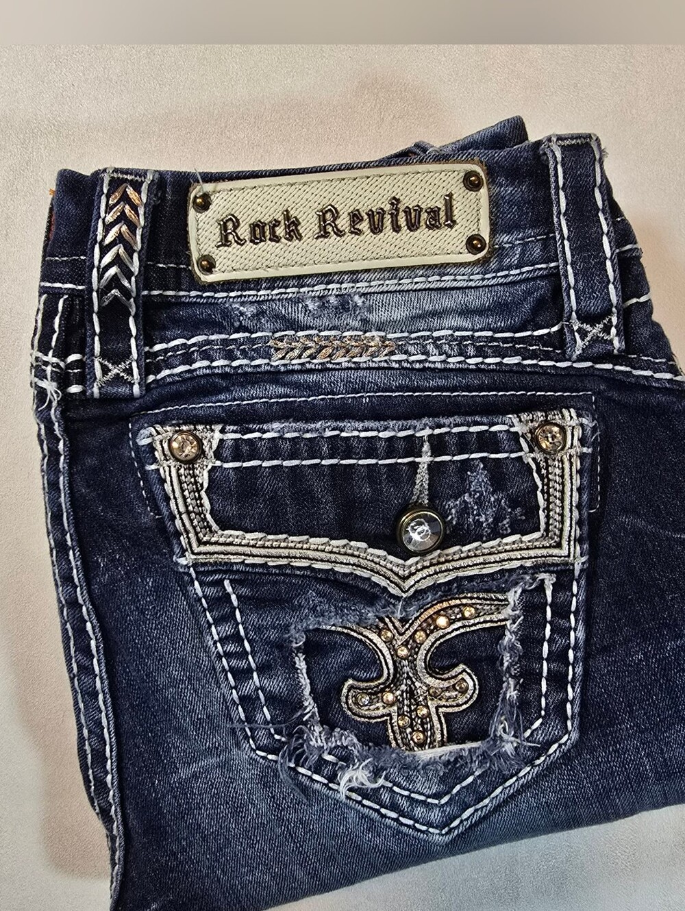 Rock Revival Dark Blue Boot Cut Jeans with Embellished Back Pocket